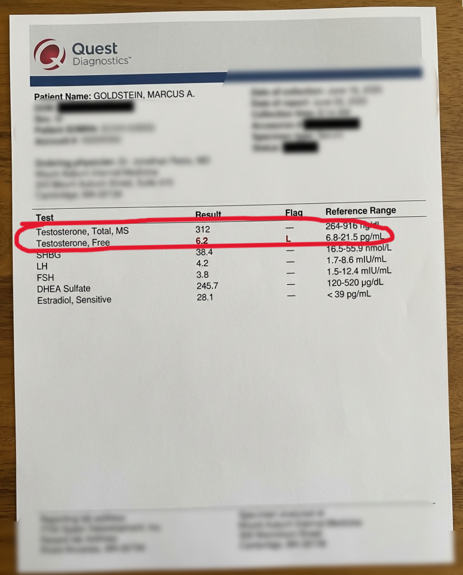 Lab results showing 312 ng/dL total testosterone