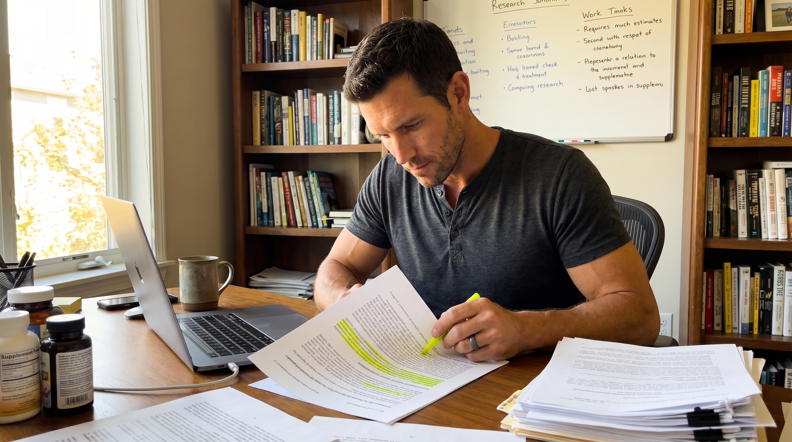 Marcus at his home office desk reviewing research